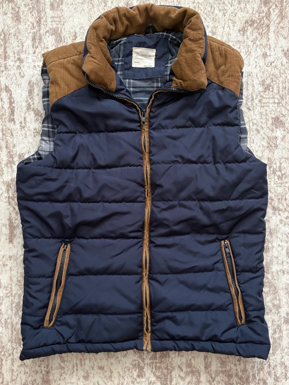 Zakbrand Quilted Navy Puffer Vest with Brown Corduroy Trim